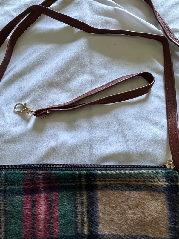 Plaid Wool Crossbody or Wristlet Bag with Brown Leather Tassel Zipper Pull - Image 3