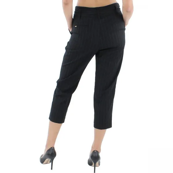 NEW DKNY Straight Leg Ankle Cropped Belted Pants XJ1PS623 Black Striped 4P - Image 2