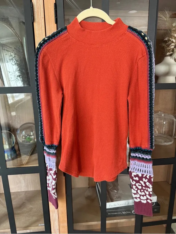 Free People Switch It Up Thermal top patchwork waffleknit crochet mock neck - Image 2