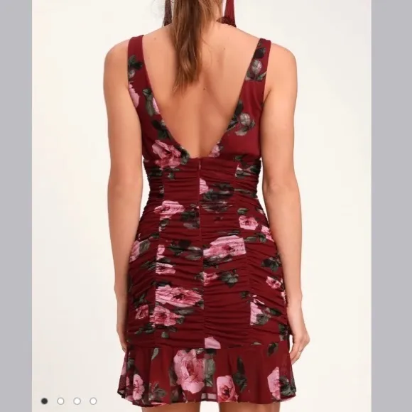 Lulus Amore To See Burgundy Floral Ruched Dress Size M NWT‎ - Image 3