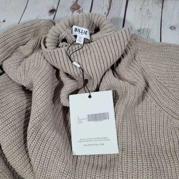 Billie The‎ Label Amelia Sweater Ribbed Mock Neck Balloon Sleeve Pumice Medium - Image 3