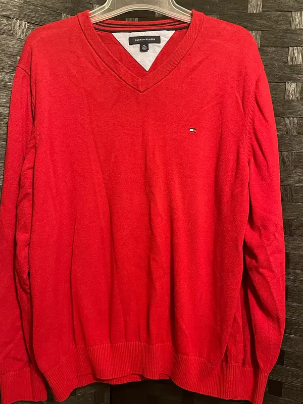Vtg TOMMY HILFIGER LONG SLEEVE RED SWEATER SHIRT XL Vneck - Image 2