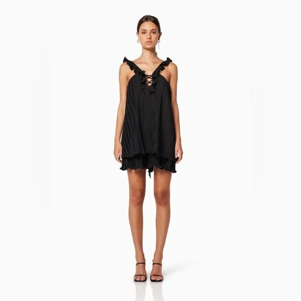 Elliatt Drama Pleated Tiered Hem Cocktail Mini Dress Black - Image 3