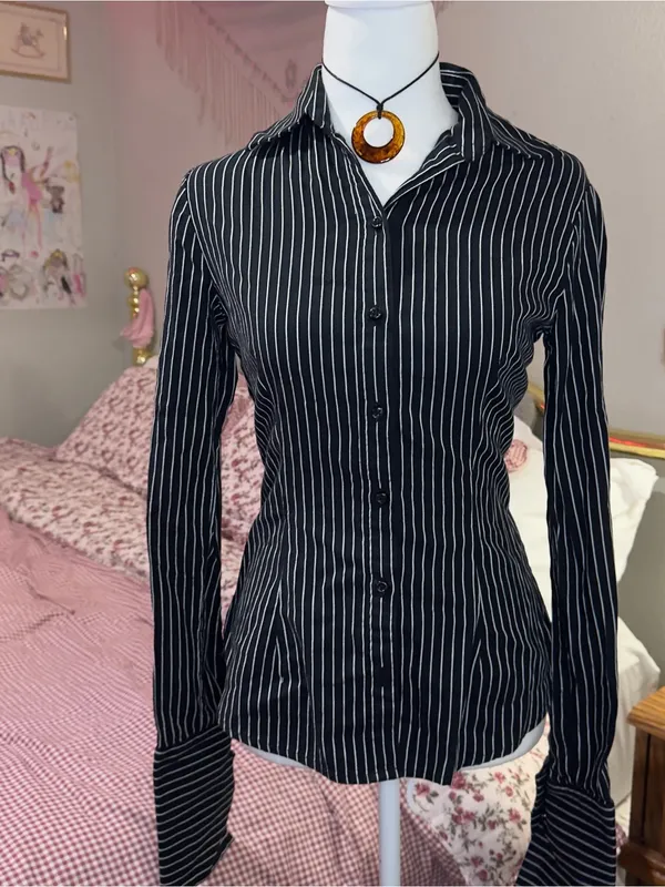 Y2K Office Siren Black Pinstripe Button-Down Women's Shirt - Image 3
