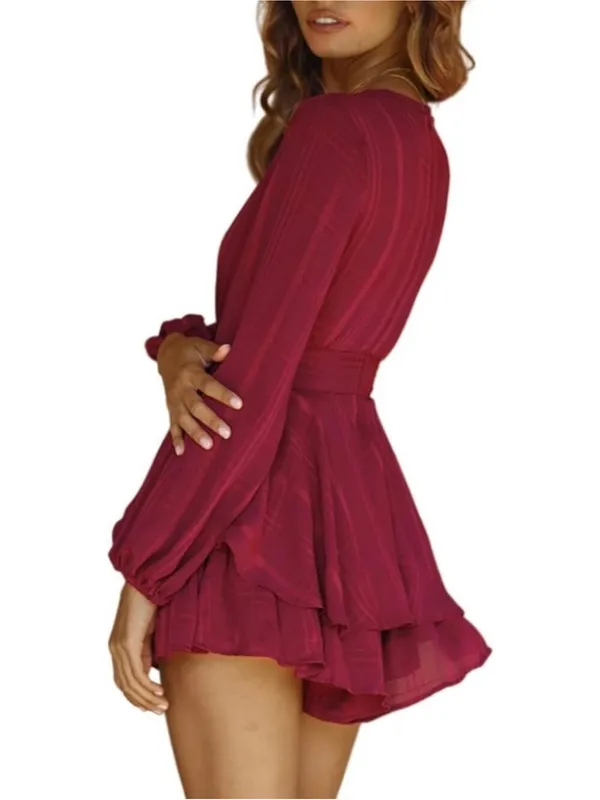 Selfie Leslie Burgundy Red V-Neck Ruffled Mini Romper - Image 7