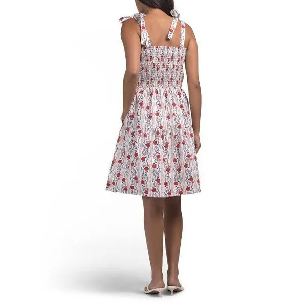 Joie Floral Smocked Tiered‎ Midi Sundress Tie Shoulder Red Blue White Medium - Image 11