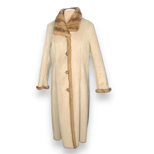 Vintage 90s Longline Cream Vegan Suede Leather Coat Faux Fur Collar Trim Large‎ - Image 3