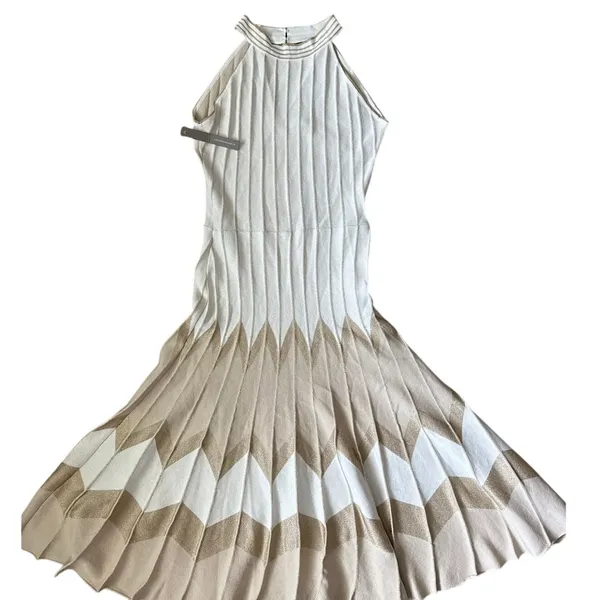 Anthropologie Pleated Drop-Waist Knit Midi Dress Ivory Size Large - Image 5