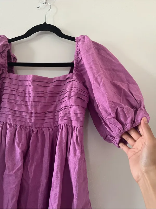 Abercrombie Purple Linen Blend Babydoll Puff Sleeve Mini Dress Small Coastal - Image 2