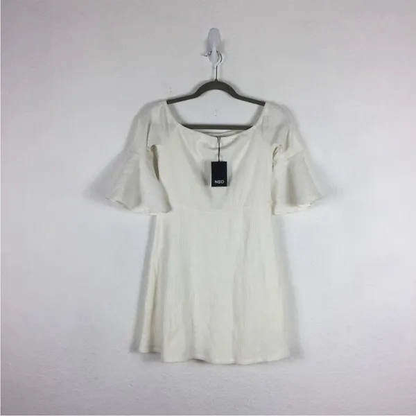 NWT NBD Seduire White Off Shoulder‎ Mini Dress Ribbed Bell Sleeve Bridal Small - Image 11