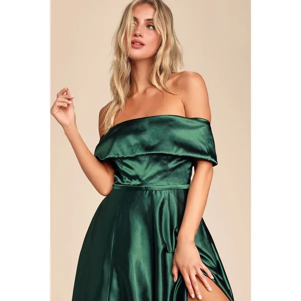 NWT Lulus Greatest Hits Forest Green Satin Off-the-Shoulder Maxi Dress Size M - Image 4