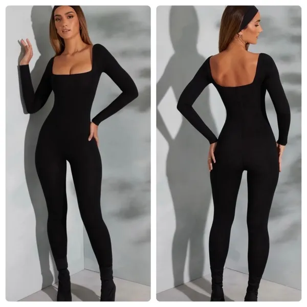 Oh Polly Delanie Square Neck Long Sleeve Jumpsuit in Black size 4 - Image 2