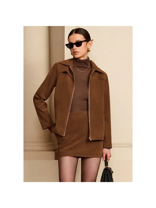 Commense Jacket Size‎ XS Camel Brown Faux Suede Zip Front Shoulder Pad Corpcore - Image 2