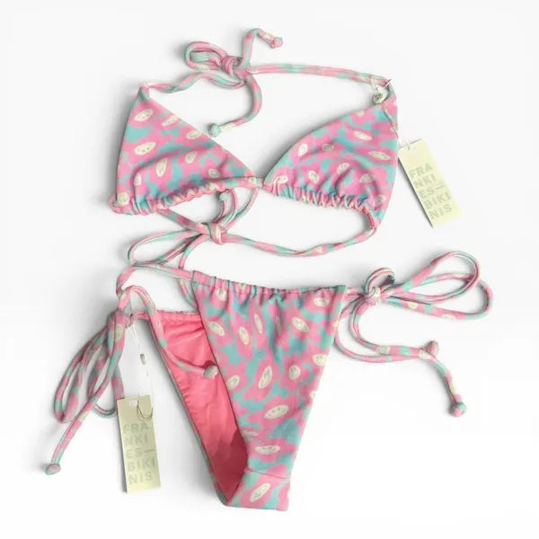 New Frankies Bikinis Tia Terry Triangle Top Small Bottom Medium Smiley‎ Floral - Image 2