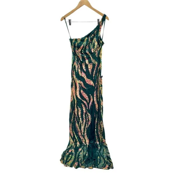 City‎ Studio Dress Juniors' Sequin One-Shoulder Slit Gown Size 11 Green Gold NWT - Image 3