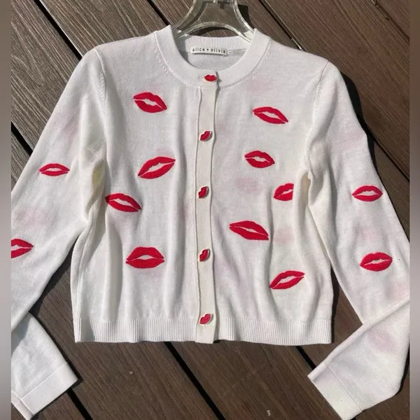 ALICE + OLIVIA Daroda Lip Cardigan Sweater - Soft White Mutli S - Image 4