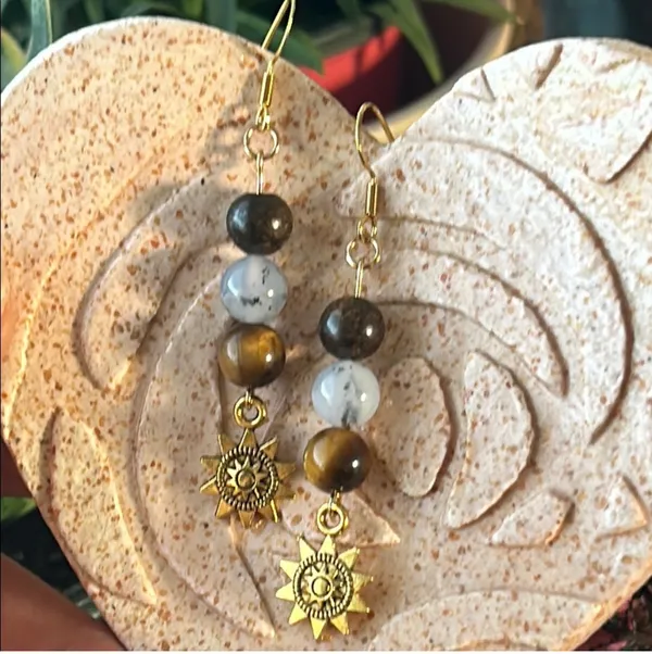 Handmade Bronzite + Chrysoprase + Tigers Eye Sun Charm Earrings - Image 2