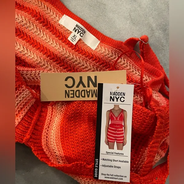 Steve Madden NWT Madden NYC Size XL Orange Coral Stripe Crochet Crop Top V Neck Adjustable - Image 9