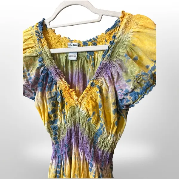 Boho Tie-Dye Peasant Dress | Smocked Waist | Made in India | Size Large - Image 2