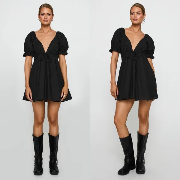 Princess Polly Blissful Black Puff Sleeve Plunge Mini Dress Womens US 10 New NWT - Image 3
