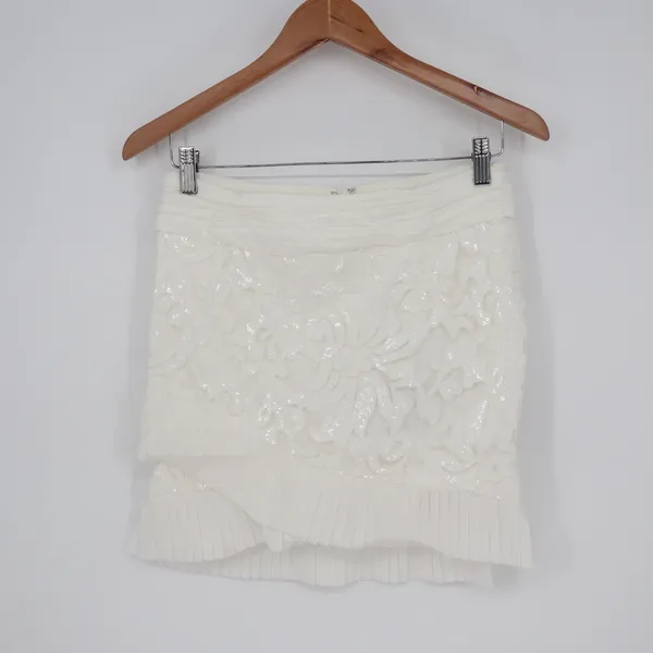 Naked Wardrobe White Sequin Lace Pleated Ruffle Mini Skirt Womens Small - Image 2