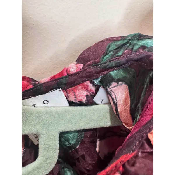 Sandro Paris Red Floral Mock Neck Blouse Black Lace Sleeves Silk Blend sz 1 - Image 8