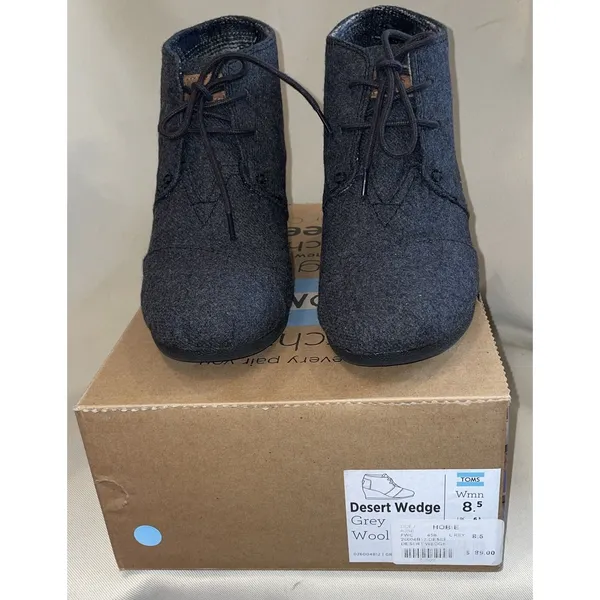 TOMS Womens 8.5 Desert Wedge Grey Wool Lace Up‎ Ankle Booties Preppy Western - Image 2