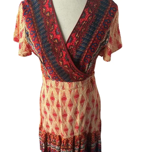 Zesica multicoloured wrap dress with V-neck and short sleeves - Image 2