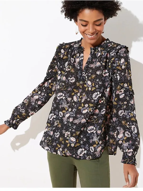 Loft Black and White Floral Ruffle Key Hole long sleeve pullover top size small - Image 2
