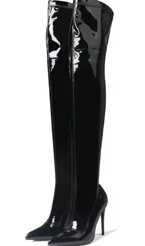 Over The Knee Glossy Stiletto Booth Tight High Boots Ultra High Heel Shoes Pointed Toe - Image 2