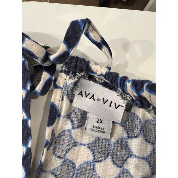 Ava & Viv Blue Linen Blend Mod Retro Print High Neck A Line Dress Size 2X - Image 6