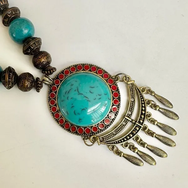 Turquoise blue and brown boho pendant necklace - Image 11
