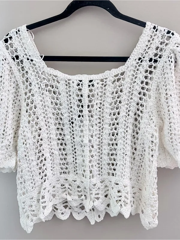 Wild Flower Cream Crochet Short Sleeve Button Front Top Cardigan S/M NWT Boho - Image 4