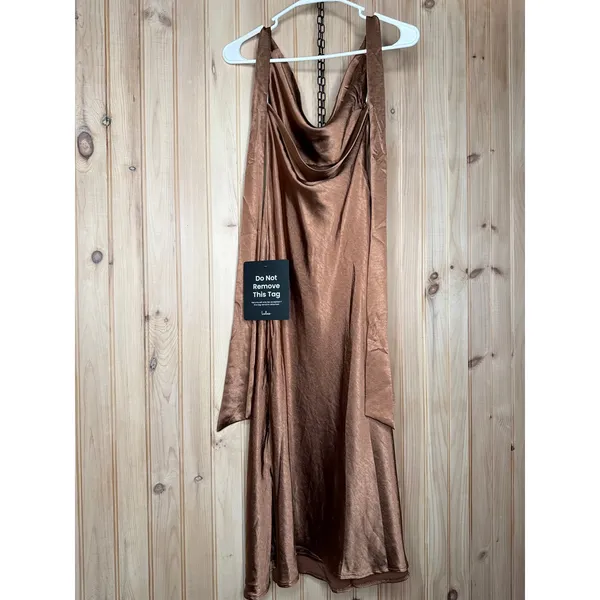 NWT Lulus Sophisticated Impression Brown Satin Backless Cowl Midi Dress Party XS - Image 6
