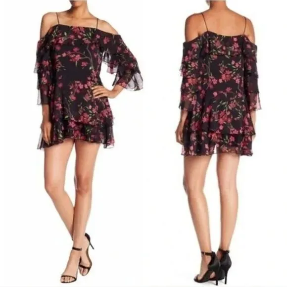 Alice + Olivia Black Floral Silk‎ Chiffon Lexis Sakura Mini Dress Off Shoulder 6 - Image 2