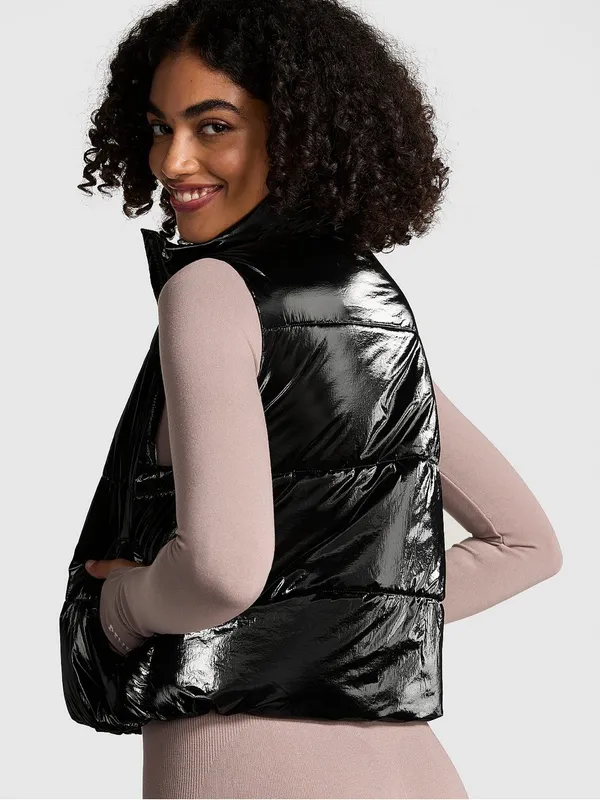 PINK Victoria's Secret Black Shiny Quilted Puffer Vest - Image 2