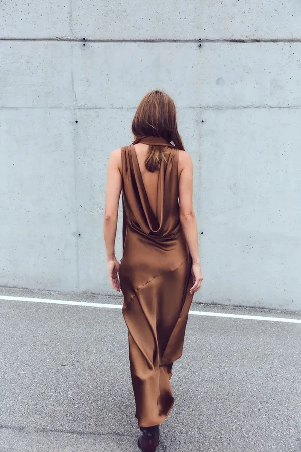 Zara dress gown maxi halter scarf satin plunge neck Brown Evening Wedding - Image 8