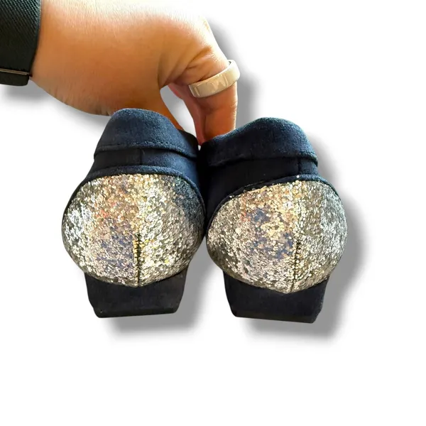 Joan Boyce Loafers Womens 8.5 Navy Suede Silver Glitter Penny Flats 191670 - Image 6