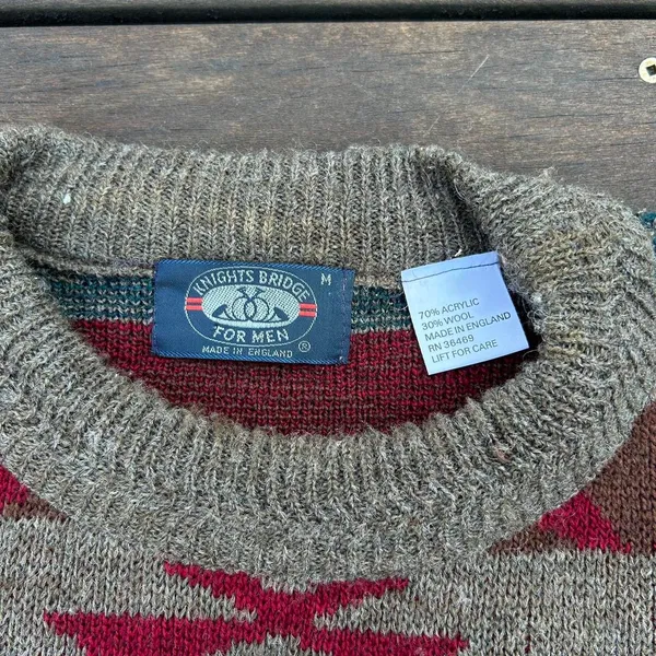 Tan/Red Vintage Pendleton Style Wool Sweater Knitwear Grandpa Sweater Made in England - Image 4