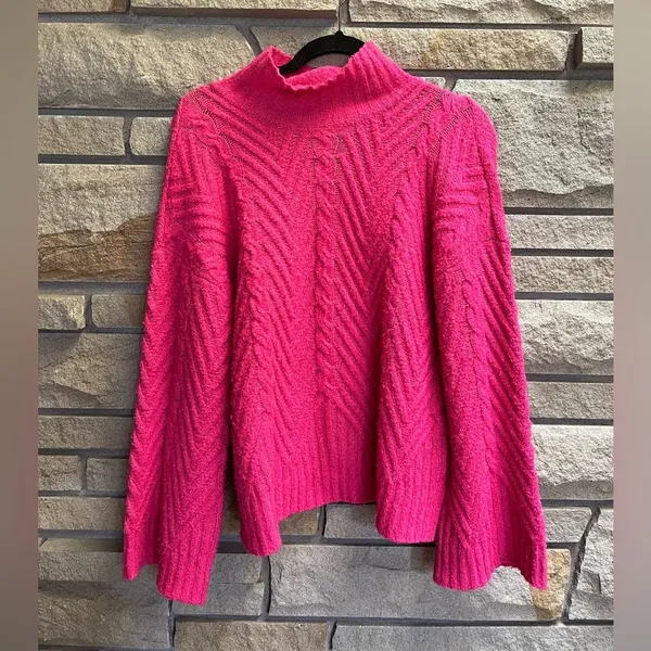 Free People Mock Neck Bell Sleeve Sweater Hot Pink XL - Image 3