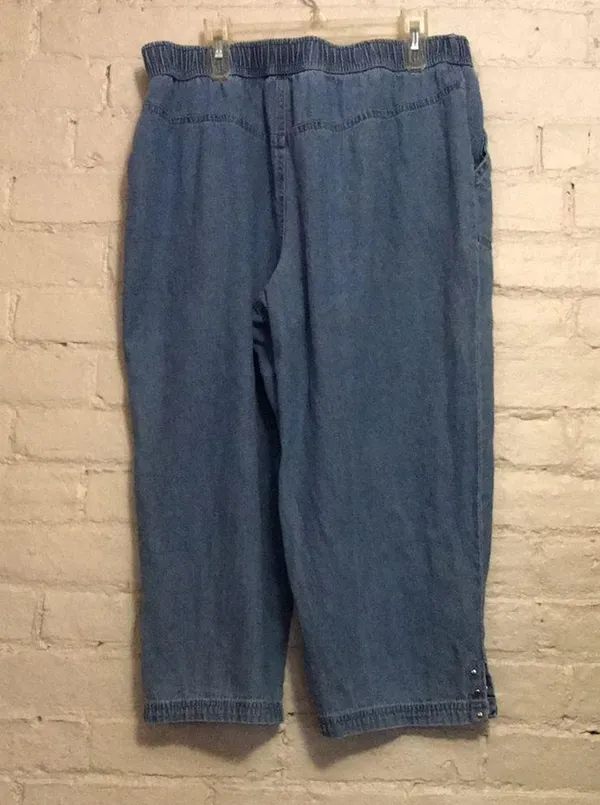 Emily Daniels S 100% Cotton Blue Lightweight Denim Pocket Elastic Waist Capris - Image 4