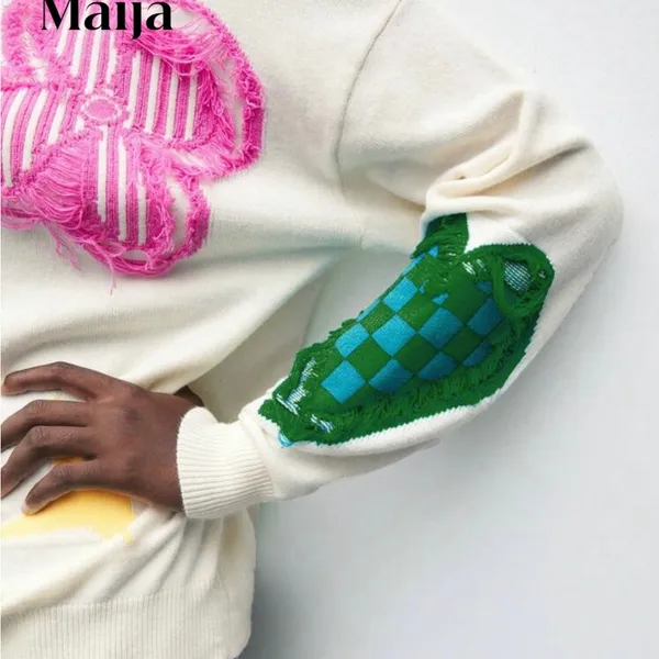 Maija Colorful Patchwork Sweater White - Image 2