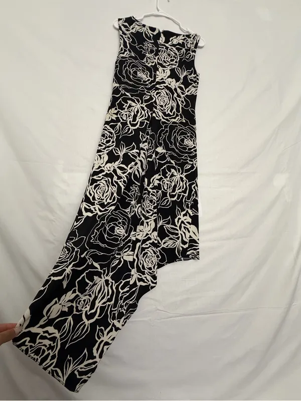 Mary L Couture Women Black Ivory Floral Asymmetric Hem Midi Dress Sz 10(A853) - Image 9
