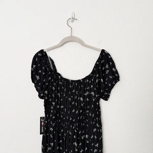 [Justify] Black Puff Sleeve Smocked Floral Print Wide Leg Jumpsuit NWT Sz Large - Image 4