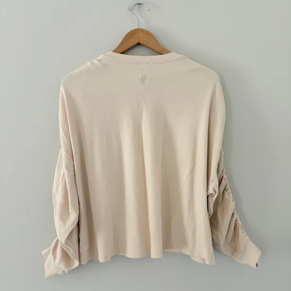 Free People Flow State Henley Top FP Movement XS Beige Ruched Sleeve Ribbed Knit - Image 3