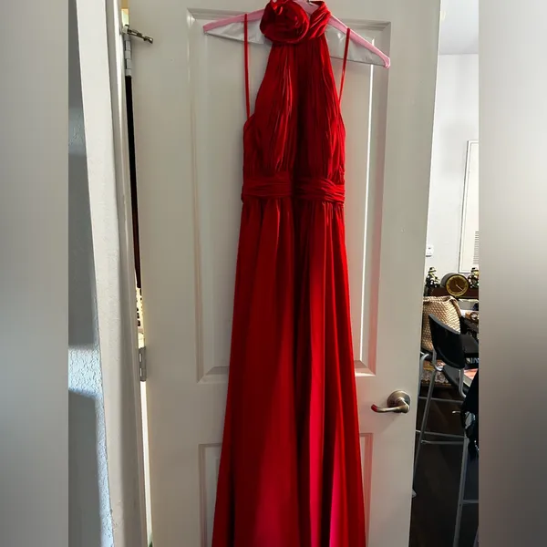 Mac Duggal Red Halter Maxi Dress with High Slit - Image 3