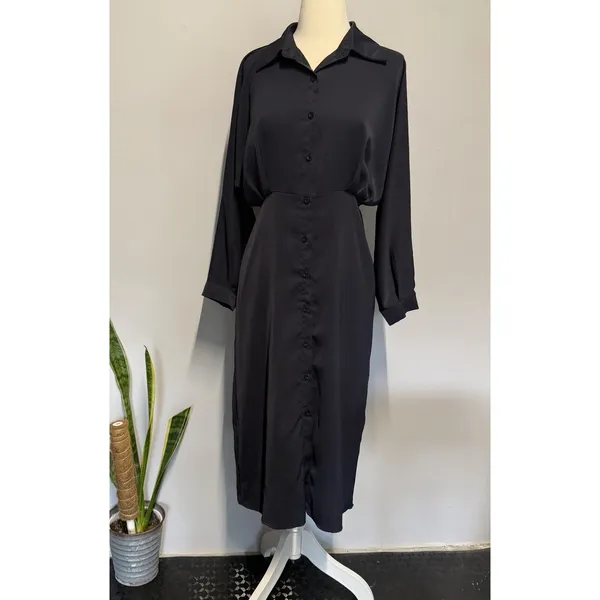 Navy Blue‎ Button Front Midi Shirt Dress – Size M Longe Sleeves - Image 2