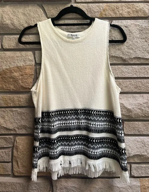 Madewell Villagrove Sweater Tank in Bright Ivory Large Aztec boho fringe - Image 3