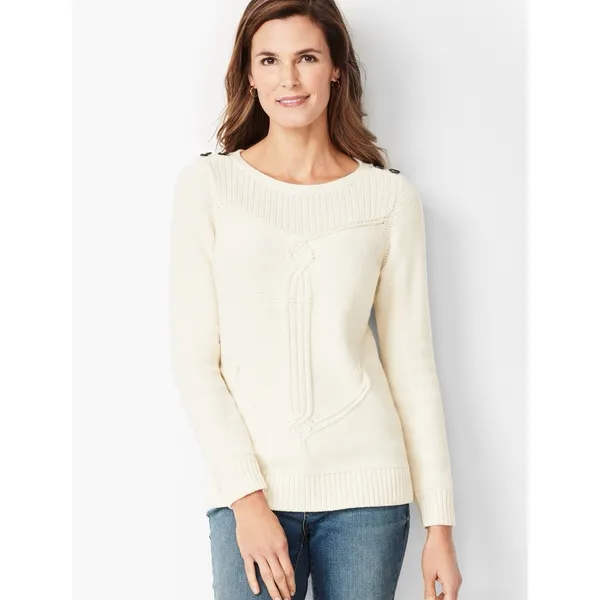 Talbots Cream Cable Ribbed-Yoke‎ Sweater Large Petite Anchor Coastal Nautical - Image 2