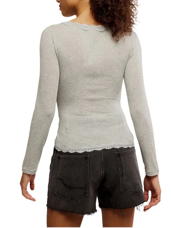 NWT Free people Big Love Ribbed Cardigan Elegant Grey Lace-Trimmed Medium - Image 4